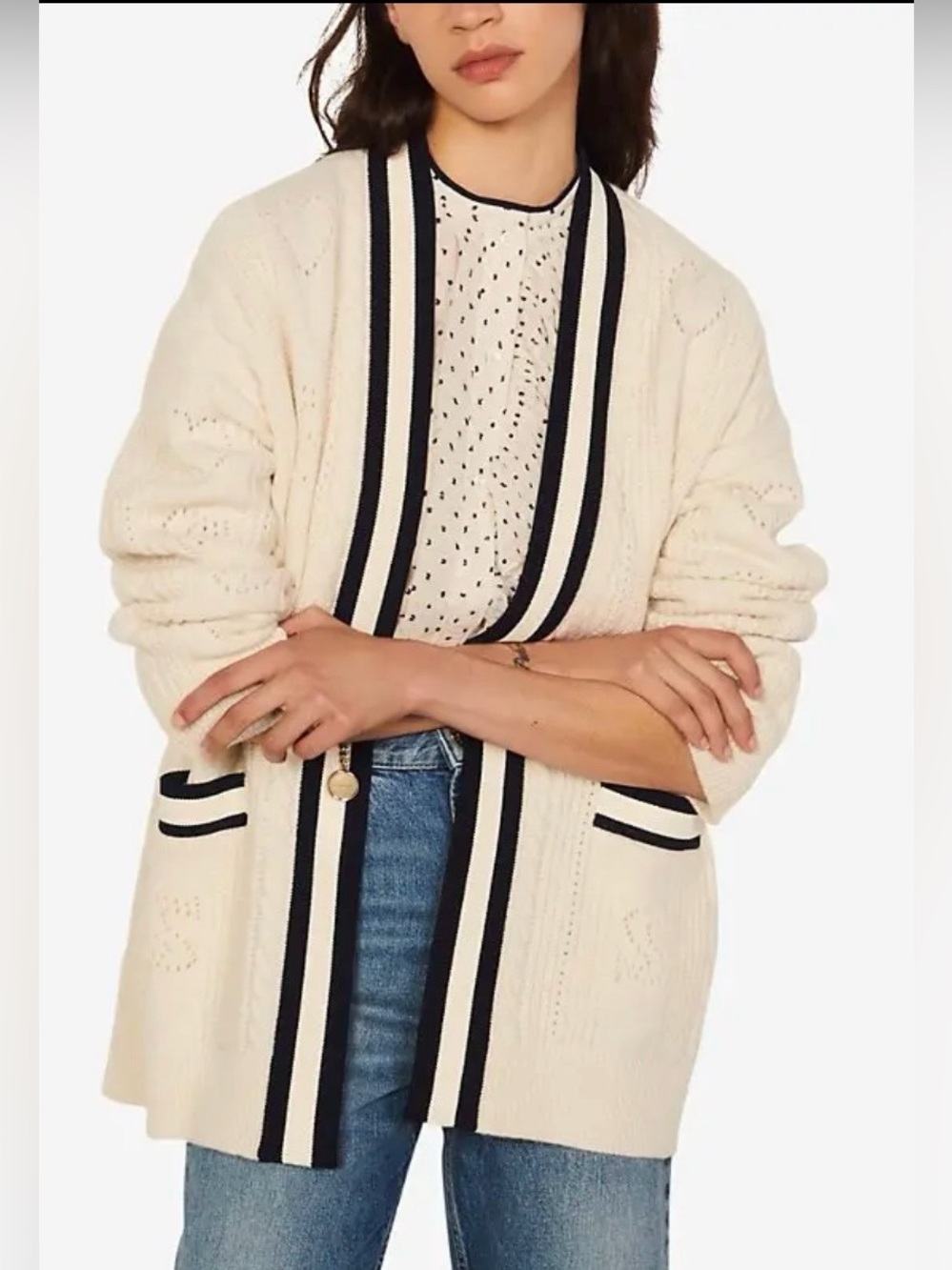 Sandro Erwan Long Cardigan-Coat with Pointelle Knit Size 2